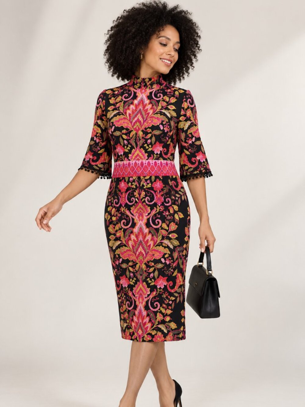 Susan Graver XXS Black Floral Mock Neck Midi Fall Dress Poetcore Boho